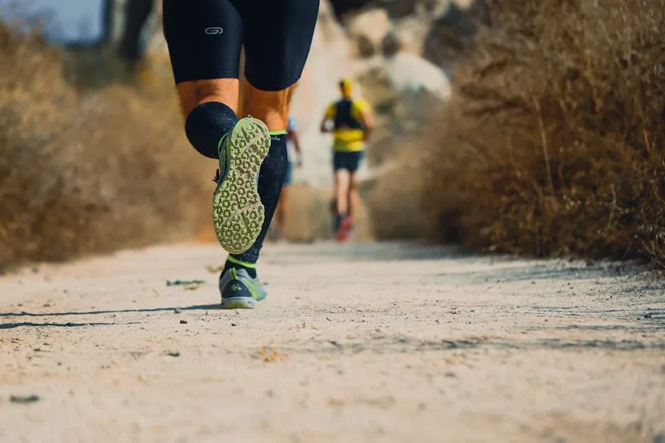 Close-up of a runner's legs in motion on a forest path, embodying speed and fitness.