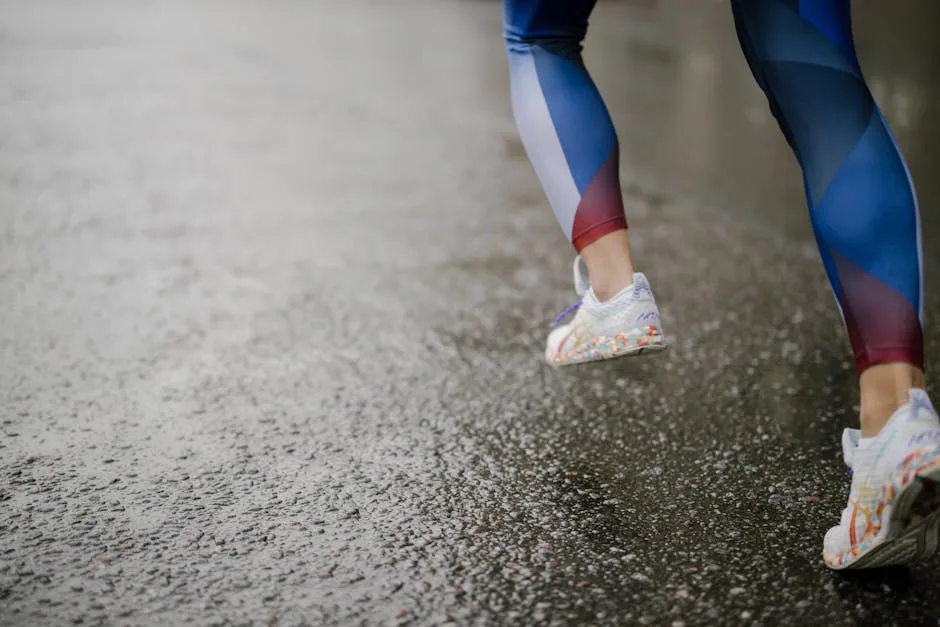 Pair of running shoes on a road surface