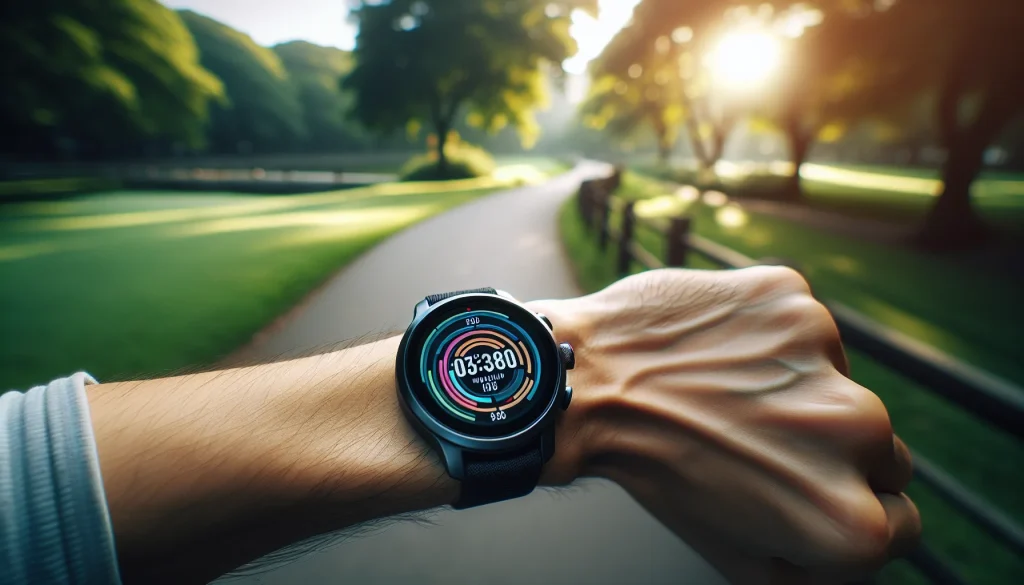 GPS running watch on wrist during an outdoor park run