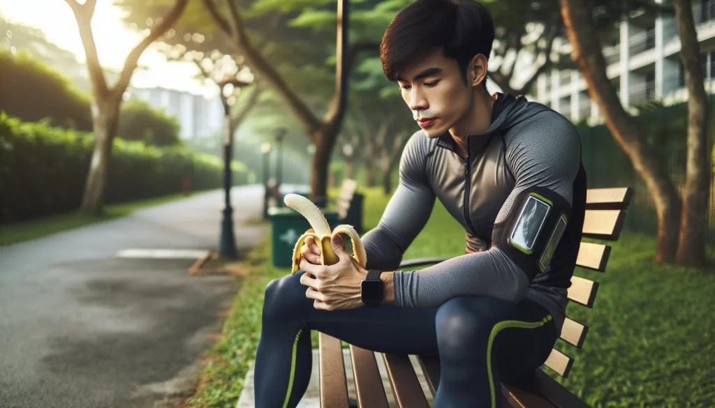 Runner eating a banana for energy before a run outdoors