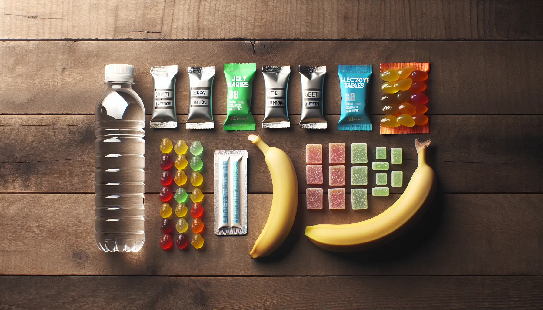 Running nutrition items including energy gels and electrolytes