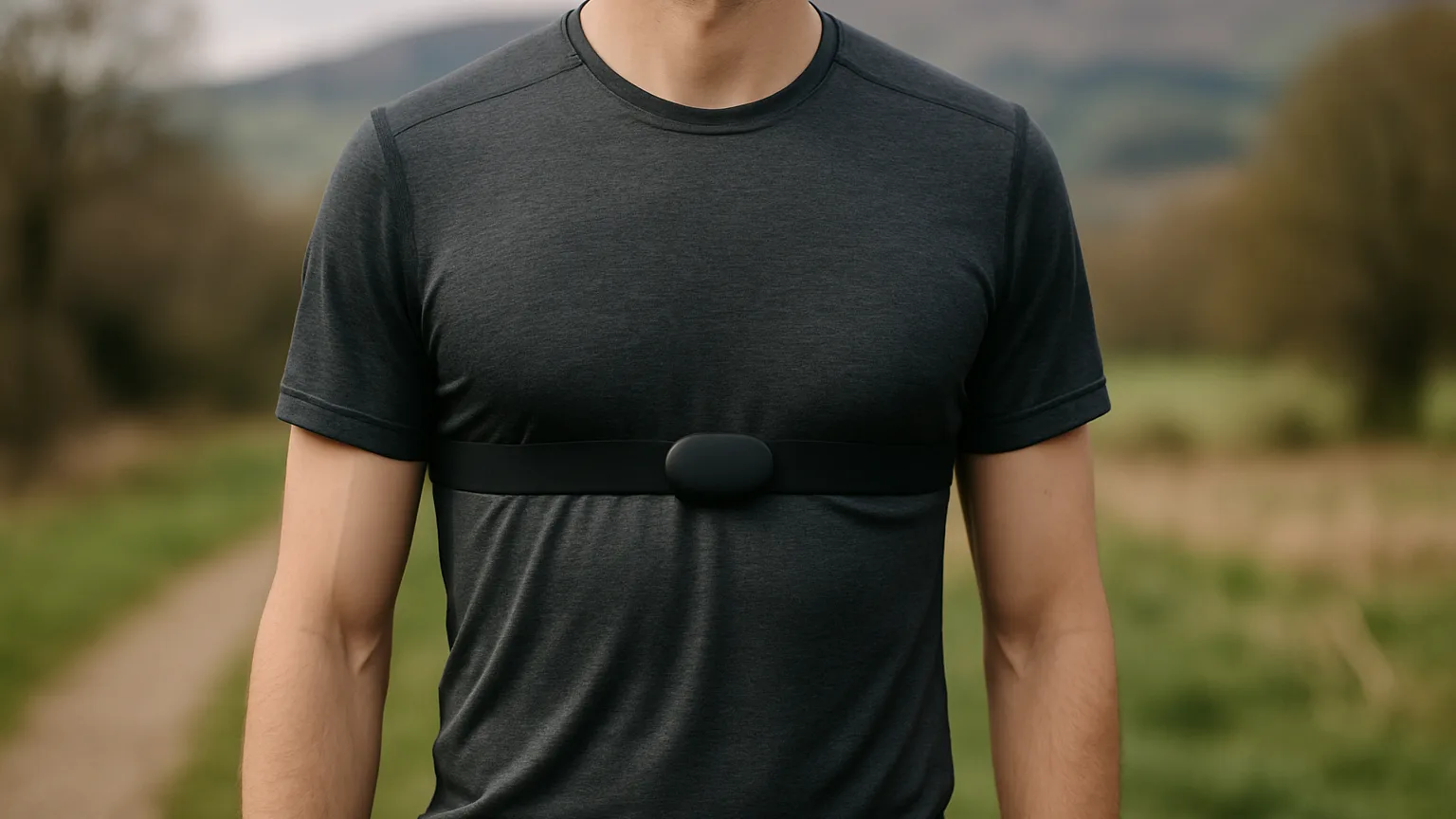 Runner wearing a chest strap heart rate monitor before training