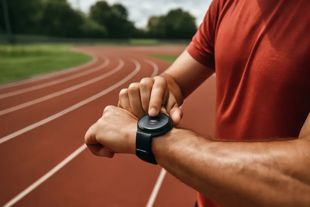Runner checking a plain GPS watch after pace training