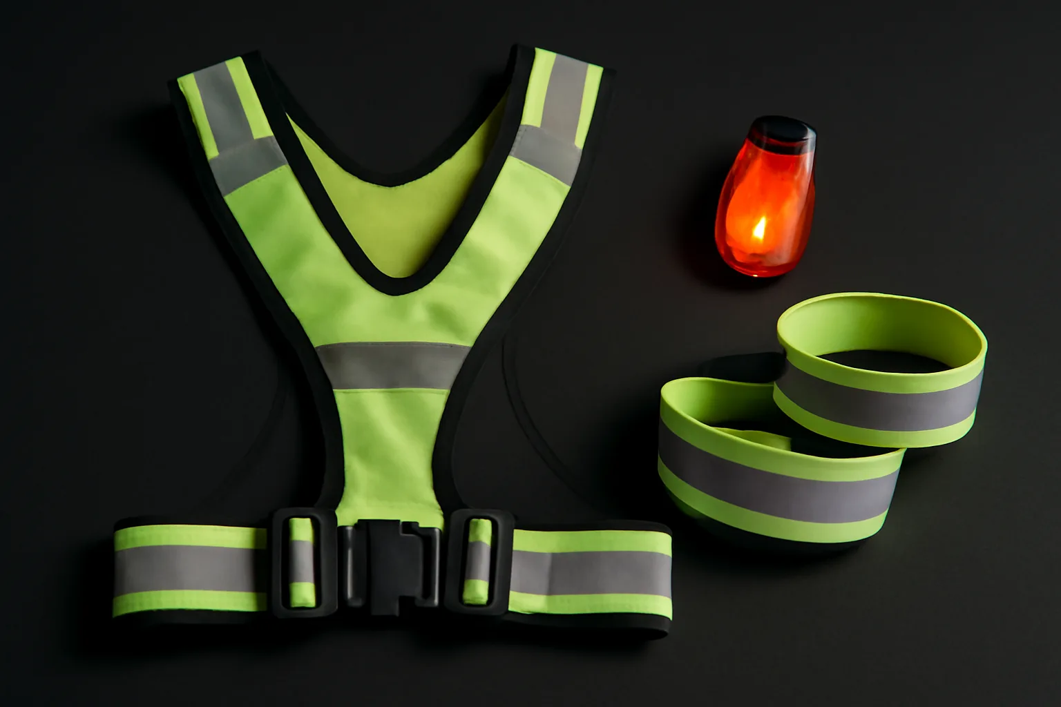 Reflective running vest and LED light laid out for a dark run