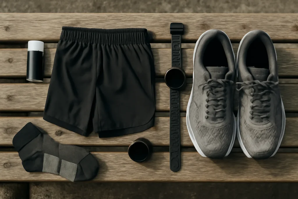 Anti-chafing balm and running kit laid out before a run