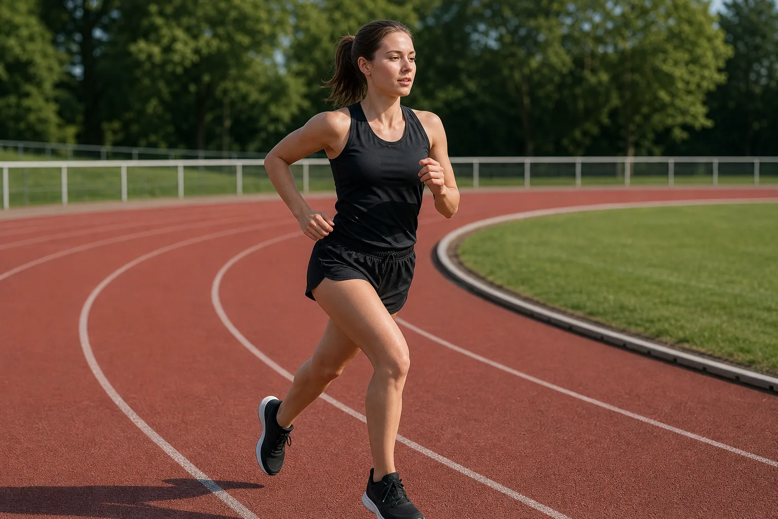 Runner practising controlled breathing on an empty athletics track