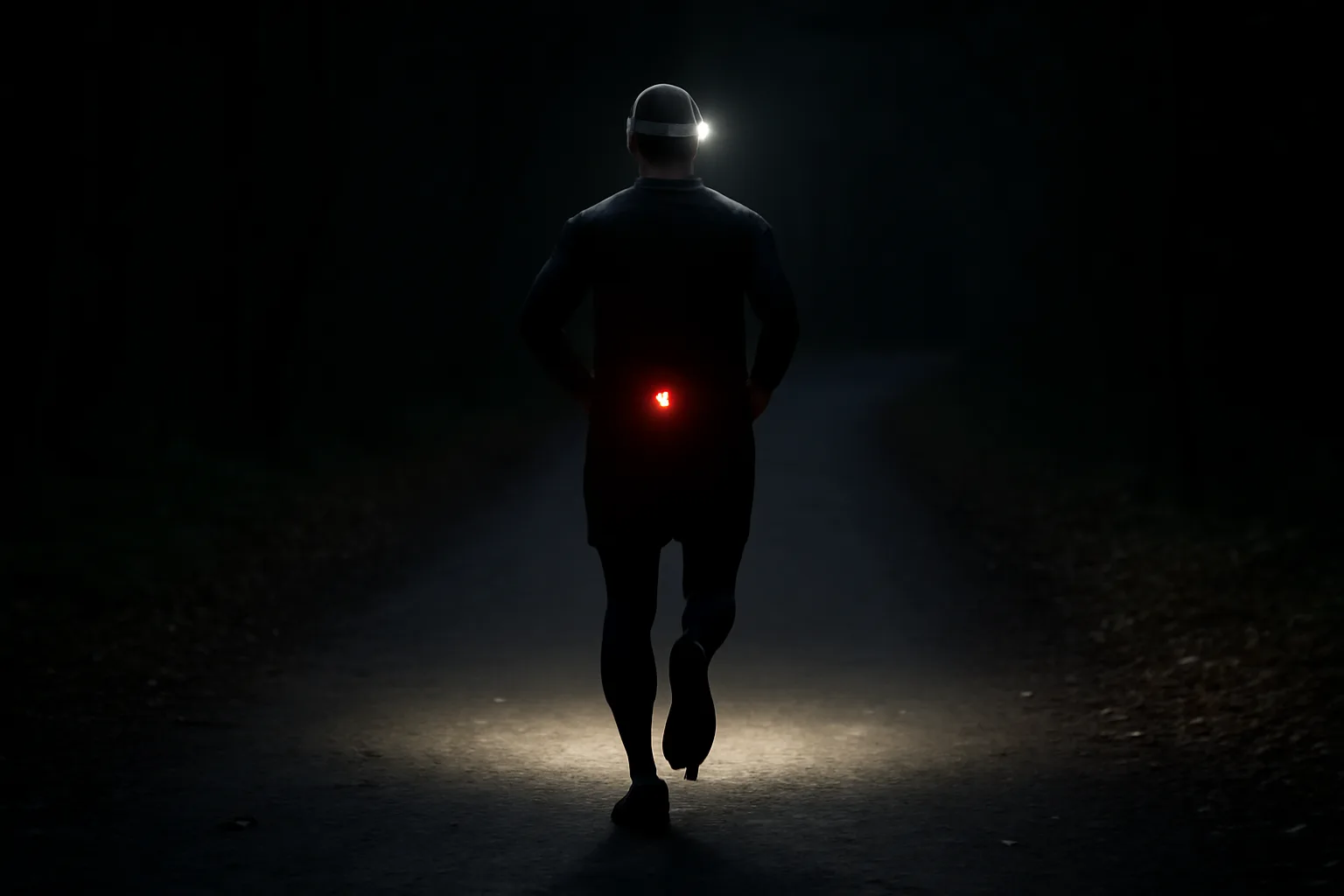 Runner using a head torch on a dark path
