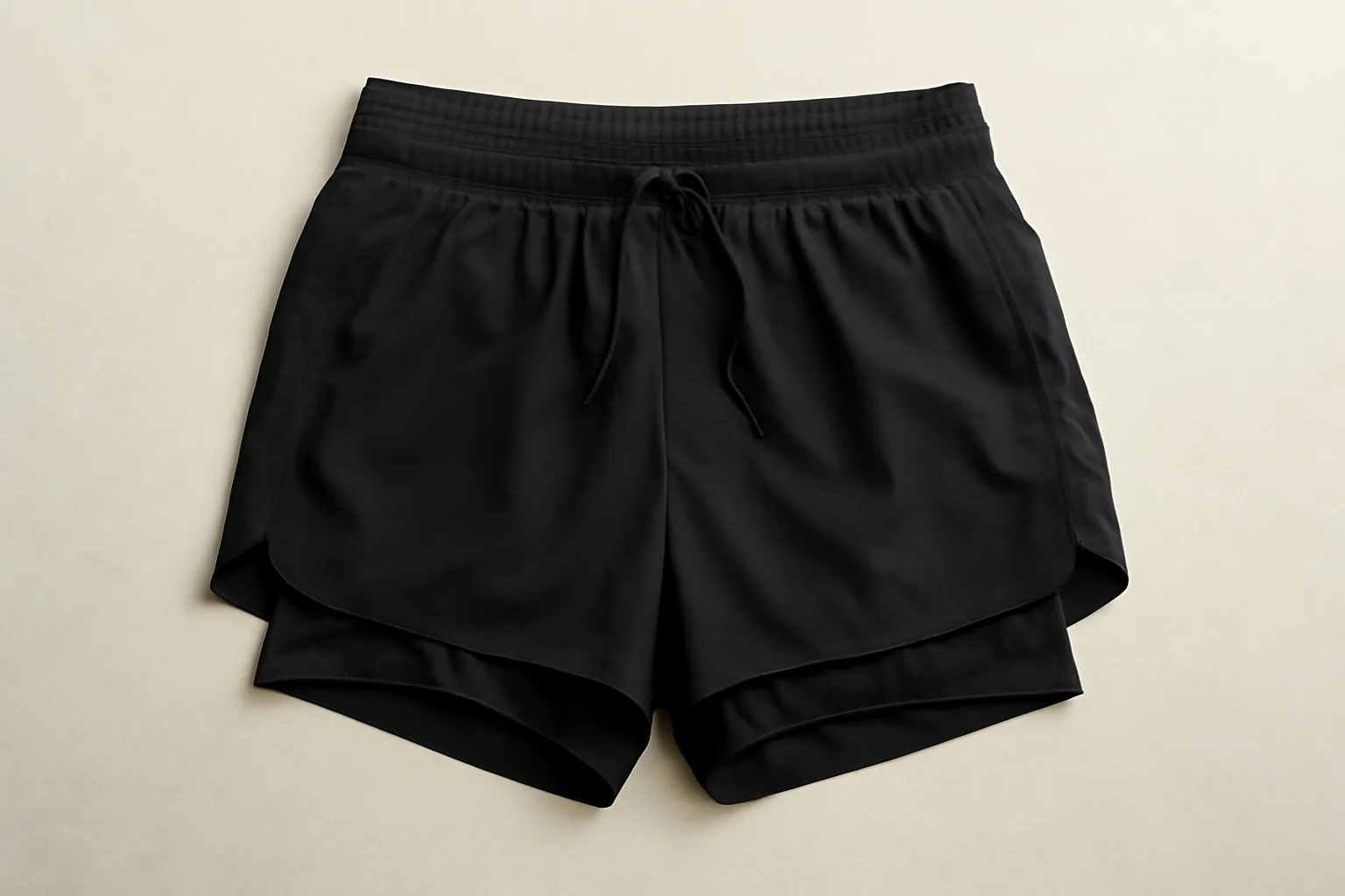 Running shorts with built-in liner and waistband