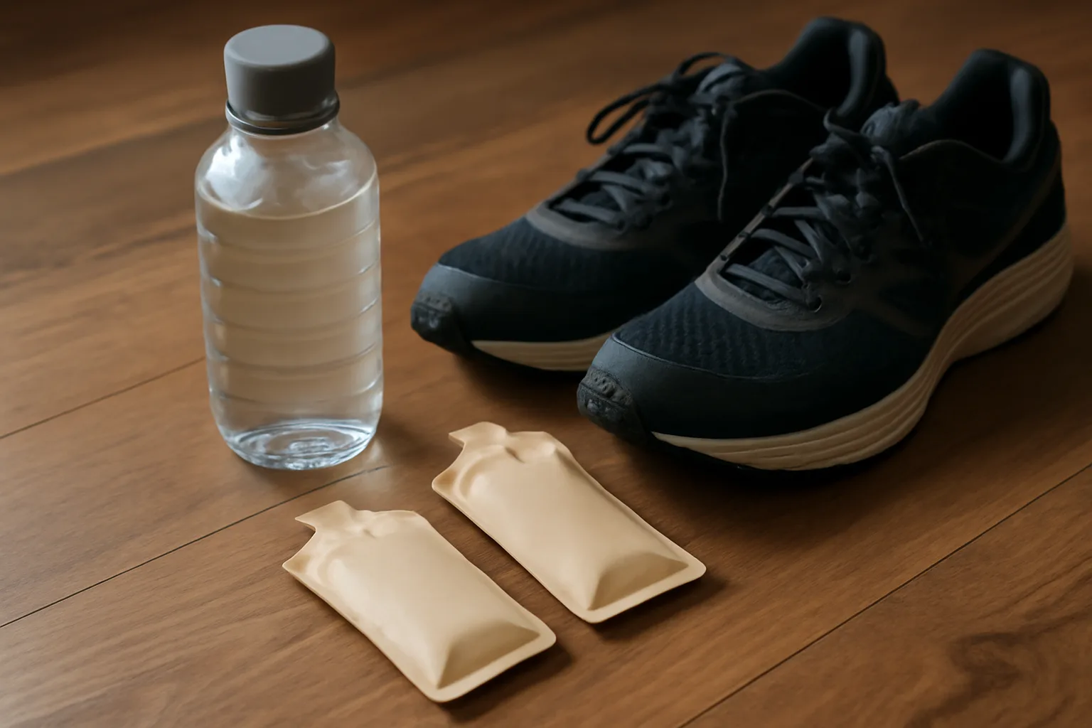 Marathon gels and water bottle ready for training