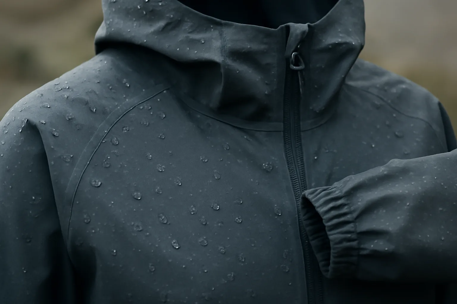 Waterproof running jacket hood and seam detail with rain droplets